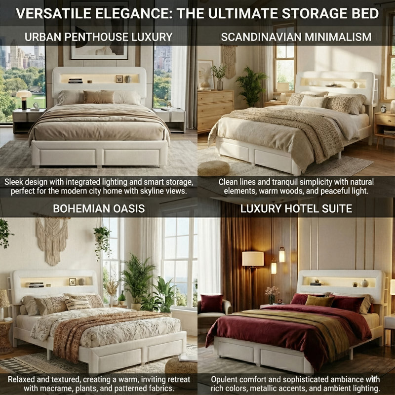 European Double & King Size Velvet Storage Bed With 2 Drawers & LED Headboard, Upholstery Bed Frame With Charging Port, Beige