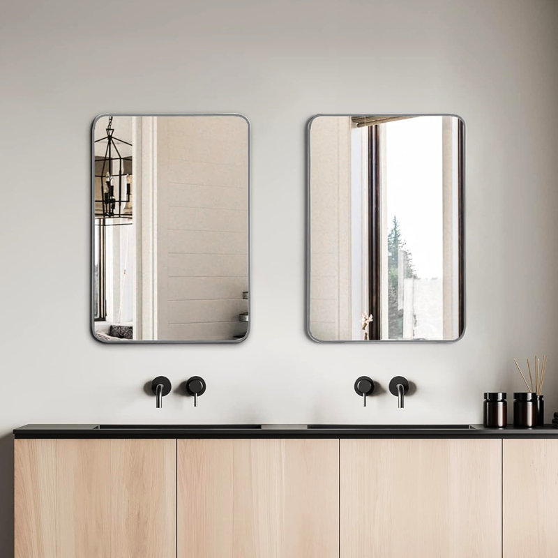 Miroir mural argenté rectangulaire pour salle de bain, 24 po x 32 po - Hd 4mm sans verre, cadre rouille, miroir à crochets renforcés pour la salle de bain, installation facile
