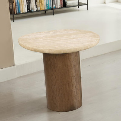 Table de bout de style contemporain avec table à tréteaux et plateau en travertin jaune et chêne brun