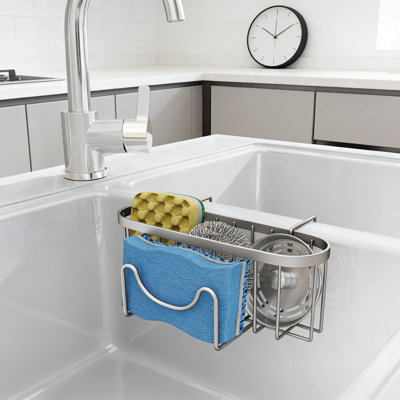 Porte-éponge en acier inoxydable pour évier de cuisine - Organisateur de chariot d'évier mobile avec crochets en M pour éviers à double cuve, conception peu encombrante pour éponges, brosses et bouchons