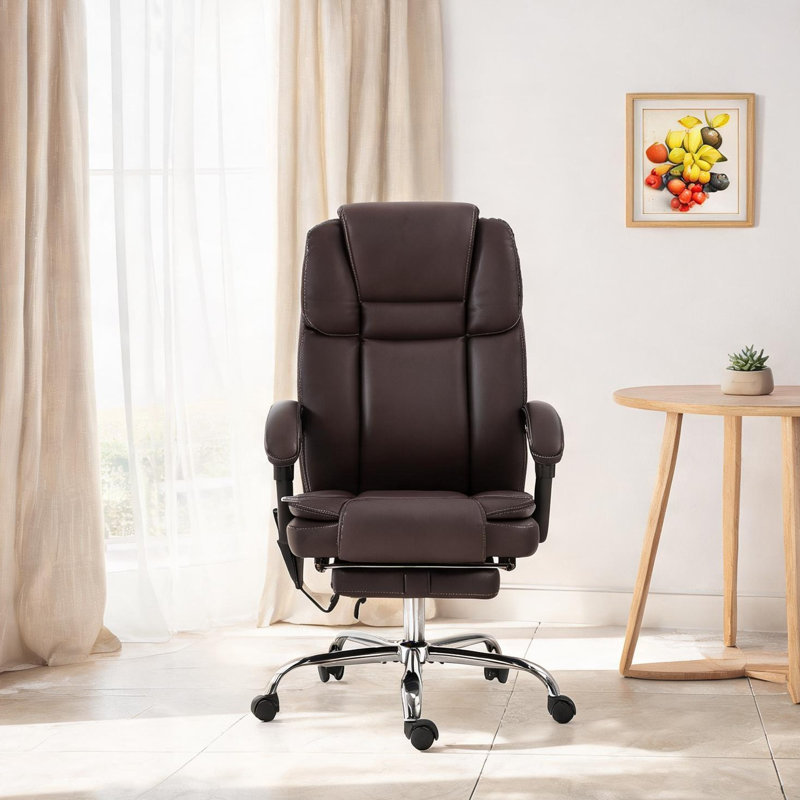 Fauteuil de bureau massant en cuir PU brun chaud avec soutien lombaire chauffant et vibrant, idéal pour le télétravail ou le bureau à domicile, 67 cm (L) x 118 cm (H)