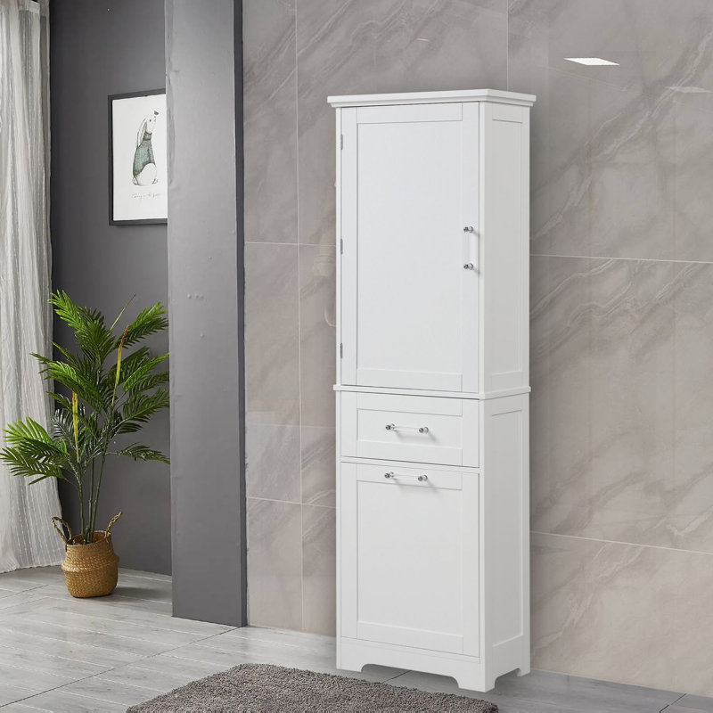 Grande armoire de rangement autoportante avec tiroirs, tablette réglable, pour salle de bain, cuisine ou salon, finition peinte, blanc