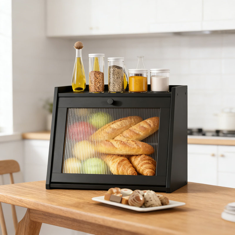 Bamboo Bread Box With Acrylic Door For Kitchen Countertop, Large Capacity Bread Storage Container For Easy Access And Cleaning