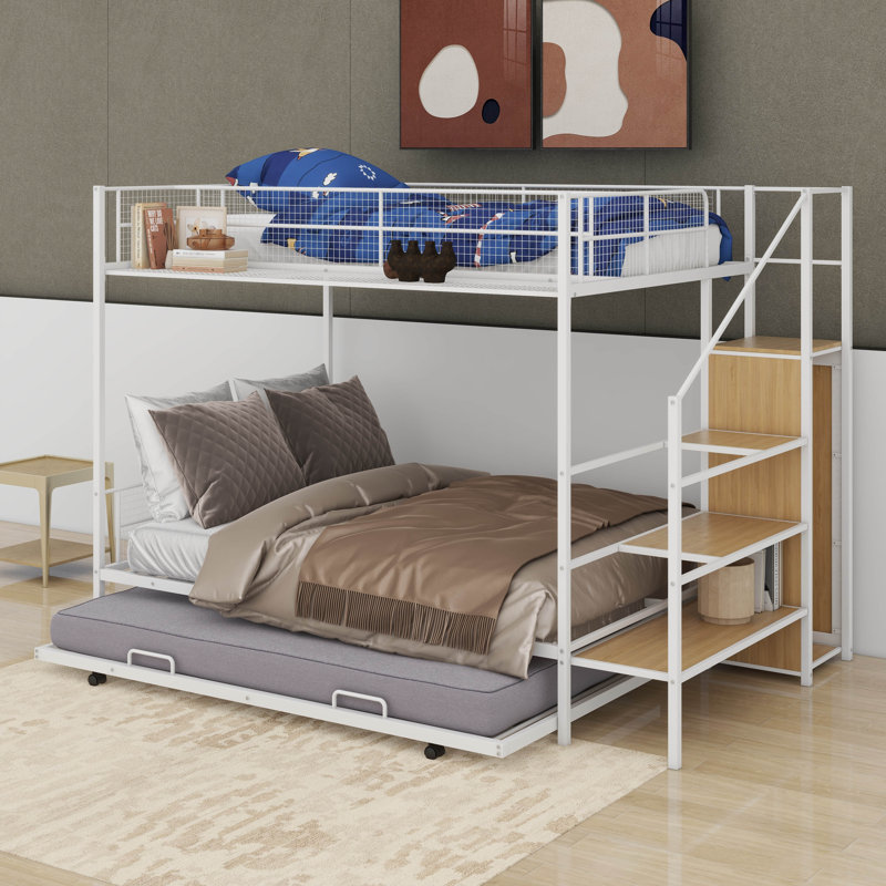 Lit simple superposé au dessus d'un lit double en métal avec lit gigogne et garde-robe, Blanc