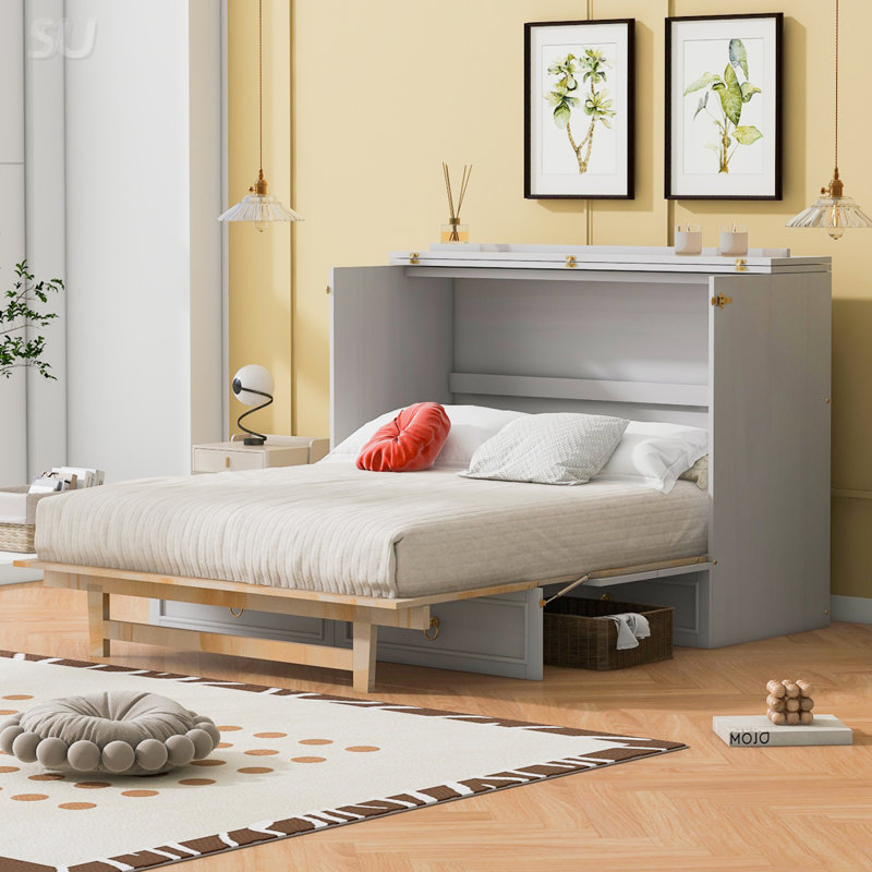 Lit escamotable double avec grands tiroirs, Lit double, Blanc