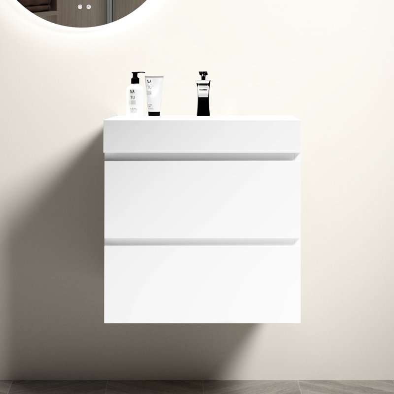 Meuble-lavabo moderne 24 po - blanc avec lavabo noir, optimisation de l'espace, fonctionnement sans heurt, style poignée 24 po, blanc / noir, sophistication, compartiments de rangement spacieux, fonction silencieuse, mur