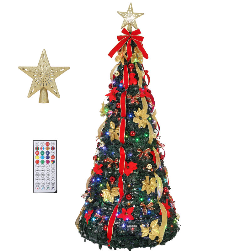 Sapin de Noël artificiel pré-illuminé et pliable - Sapin fin et pliable, 200 lumières DEL, projecteur d'étoiles, installation facile, décoration intérieure pour les fêtes - Rouge + Vert, 180 cm (6 pi)