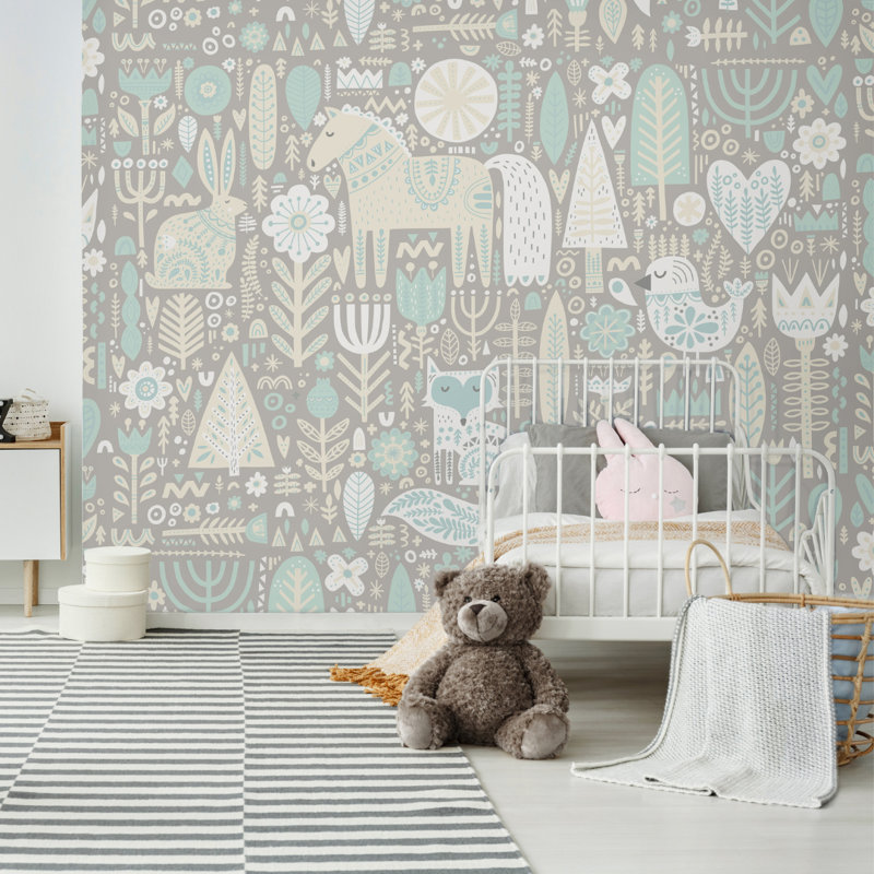 Scandi Forest Animals - Wall Mural, Warm Grey, 280cm L x 350cm W 