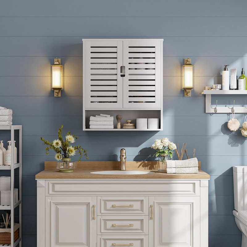 Bathroom Cabinet Wall Mounted – White – Bamboo Over-The-Toilet Storage Organizer, Space-Saving Medicine Cabinet With 2 Doors And Adjustable Shelves