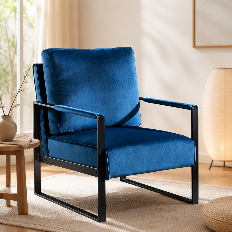 Chaise d'appoint classique de style Mid-Century moderne avec structure carrée en métal durable, fauteuil pour le salon, la chambre à coucher, le bureau personnel en revêtement de microfibre tacheté, cuir PU noir