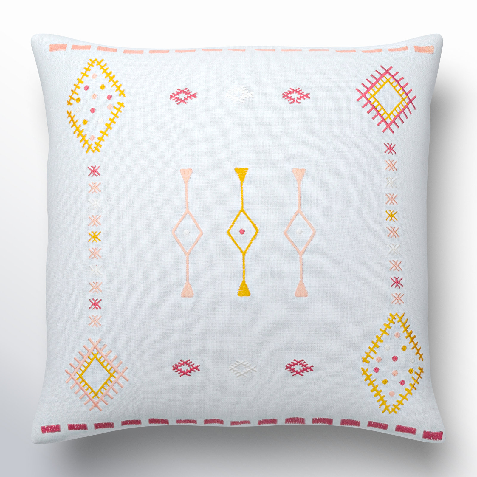 Decatur Embroidered Cotton Throw Pillow, 22" x 22", Pale Blue/Mustard/Dusty Pink, Down