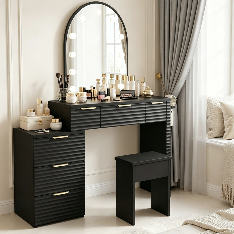Makeup Vanity with Mirror, Vanity Set,  Stool Included, for Bedroom, Black