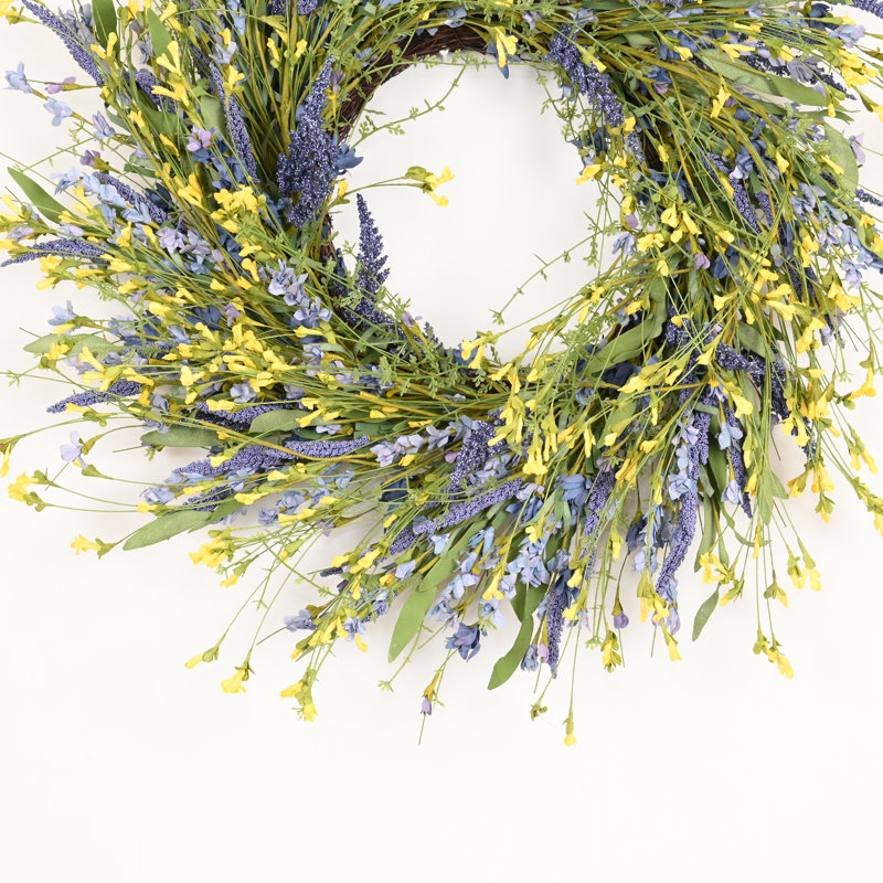 Couronne de porte artificielle 24 po avec fleurs et fleurs, Jaune