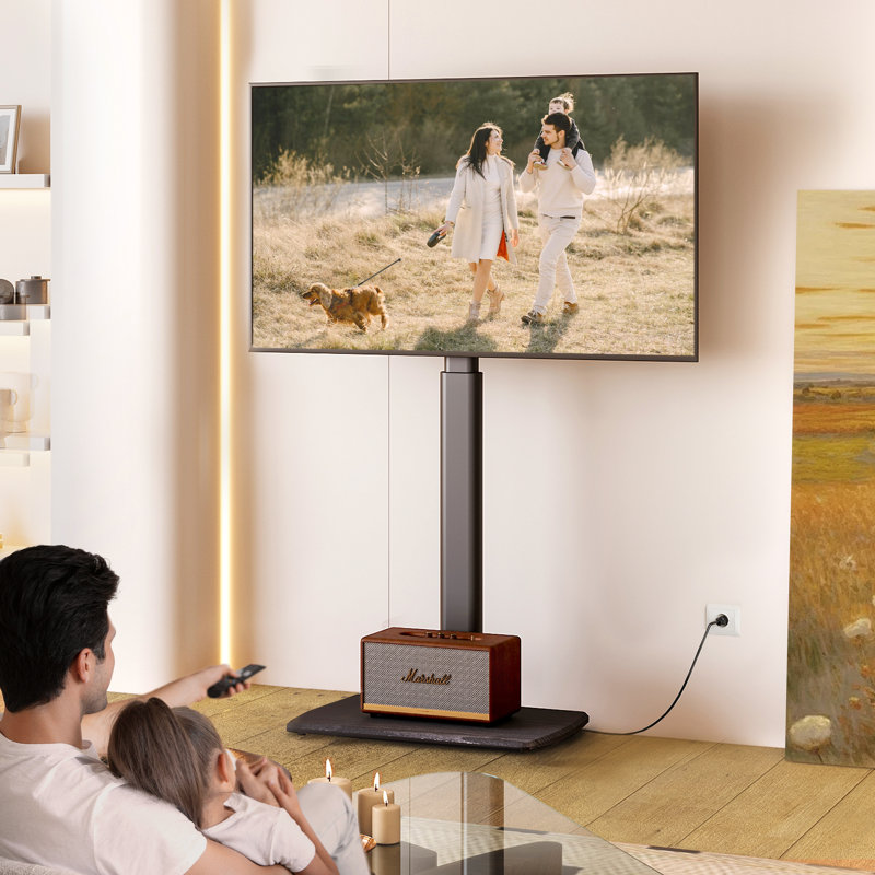 Floor Tv Stand With Power Strip Up to 65 Inch Tvs, Height Adjustable and Swivel Wood Base Hold Up To 88 Lbs, Black