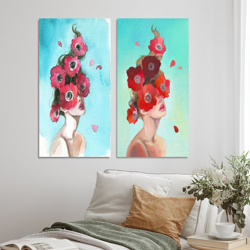«Glamourous Floral Woman Portrait», ensemble de 2 peintures sur toiles, H 20 po x l 24 po x P 1 po, Toile tendue