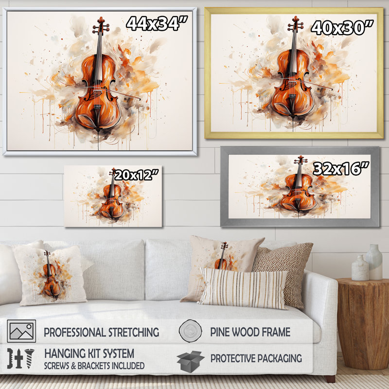 Cello Contour Rich Brown III sur toile, Cadre simple noir, H 34 po x l 44 po x P 1,5 po