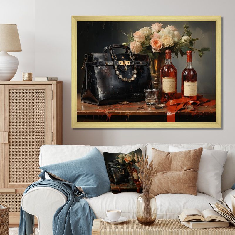Vin et sac à main de luxe - reproduction sur toile, H 34 po x l 44 po x P 1,5 po, Encadrement doré