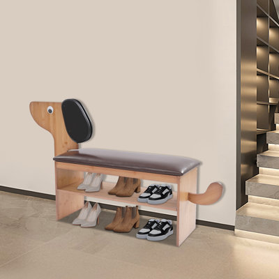 2 Tiers Cute Dog Entryway Bamboo Bench Elegant Rectangular Shoe Rack Bench With Cushion