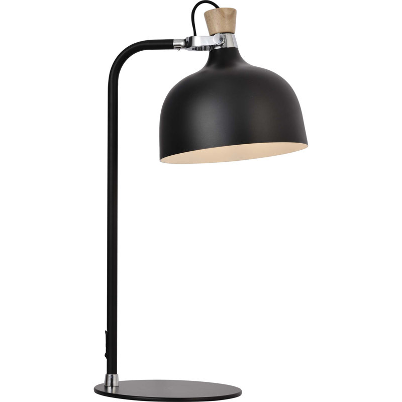 Lampe de table de lecture et de travail 11,5 po noir et bois avec abat-jour en dôme réglable en acier