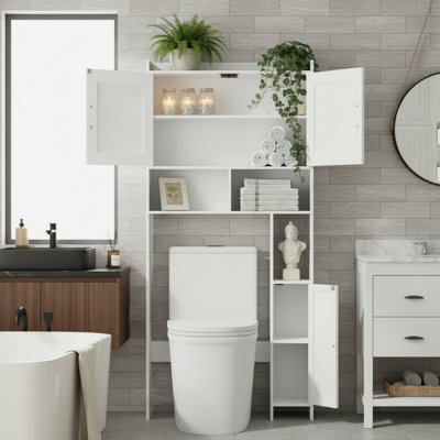White Freestanding Toilet With Storage Cabinet Above It, Double Barn Doors With Paper Holder, Space-Saving Storage For Multiple Scenarios.