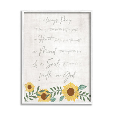 «Toujours prier», Proverbe, tournesol, fleurs de tournesol par Natalie Carpentieri - cadre texturé sur bois flottant