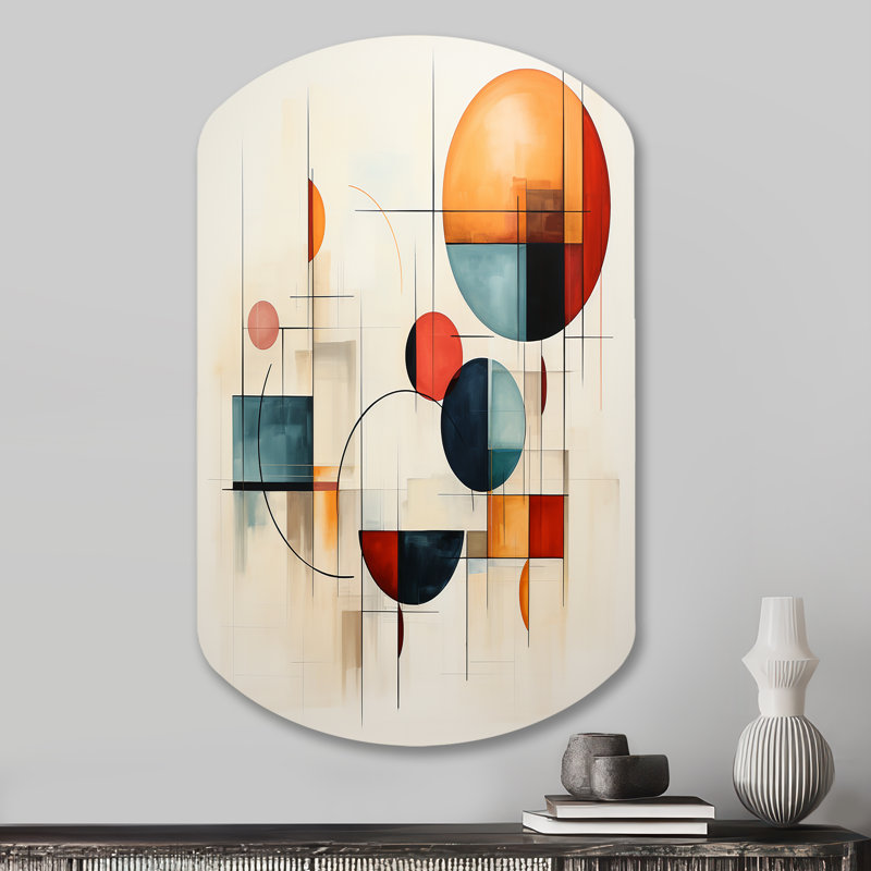 «Mid Mid Century Geometric Patchwork IV» - art mural cylindrique minimaliste en métal, reproduction d'art asymétrique moderne
