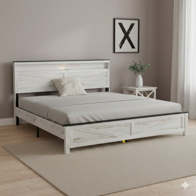 King-Sized Bed With A Wooden Headboard And Concealed Storage Space. No Box Spring Required. Finished In Antique White And Gray.