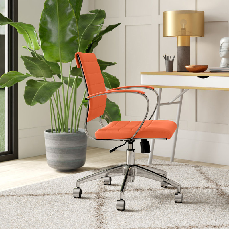 Orange Mesh and Leather Swivel Task Chair with Metal Frame