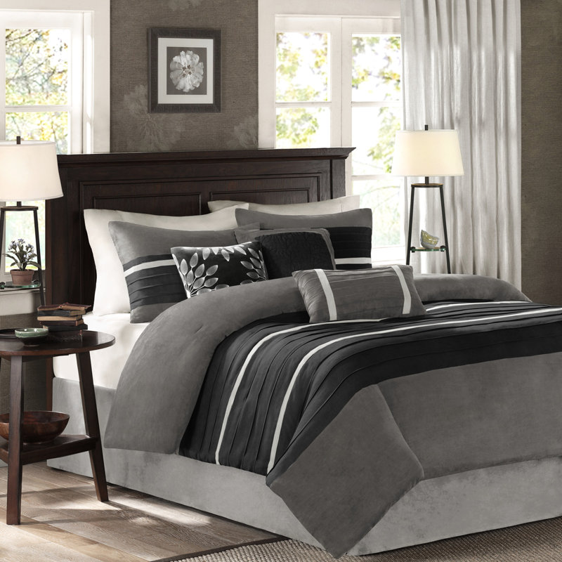 7 Piece Comforter For King Bed Black Faux Suede, , Microsuede Design, 2 Shams, 3 Decorative Pillows, Washable Black, Suede Transitional Style, Fill, Pillows With Embroidery, Wrinkle- Steam Iron