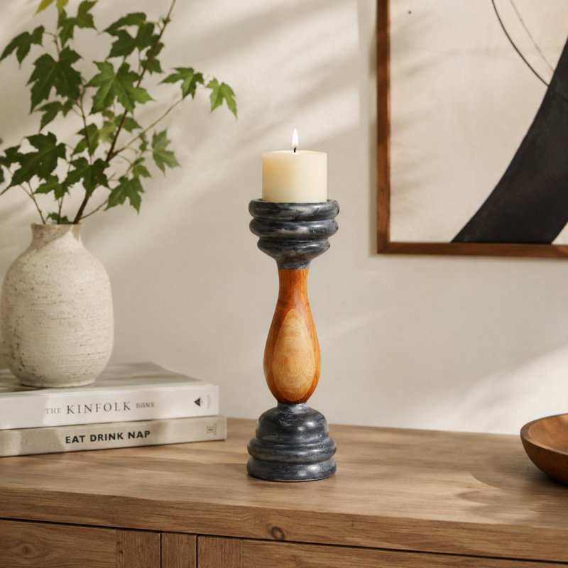 Handcrafted Marble & Wood Black Pillar Candleholder, Black