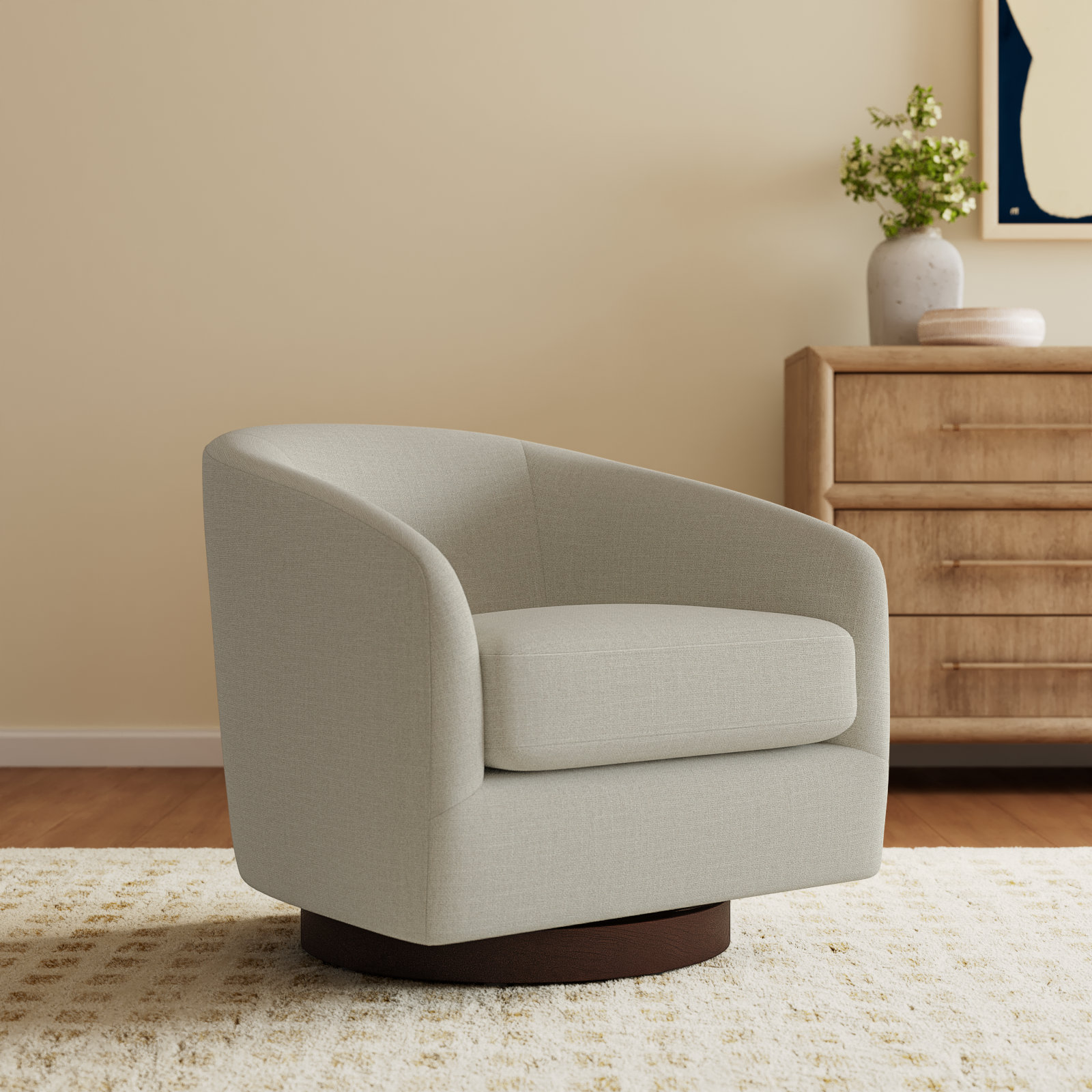 Bennett Upholstered Swivel Barrel Chair, Effie Linen Performance Linen