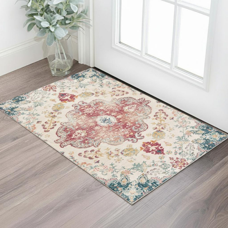 Tapis lavable délavé à médaillon ivoire et rose 3 pi x 5 pi