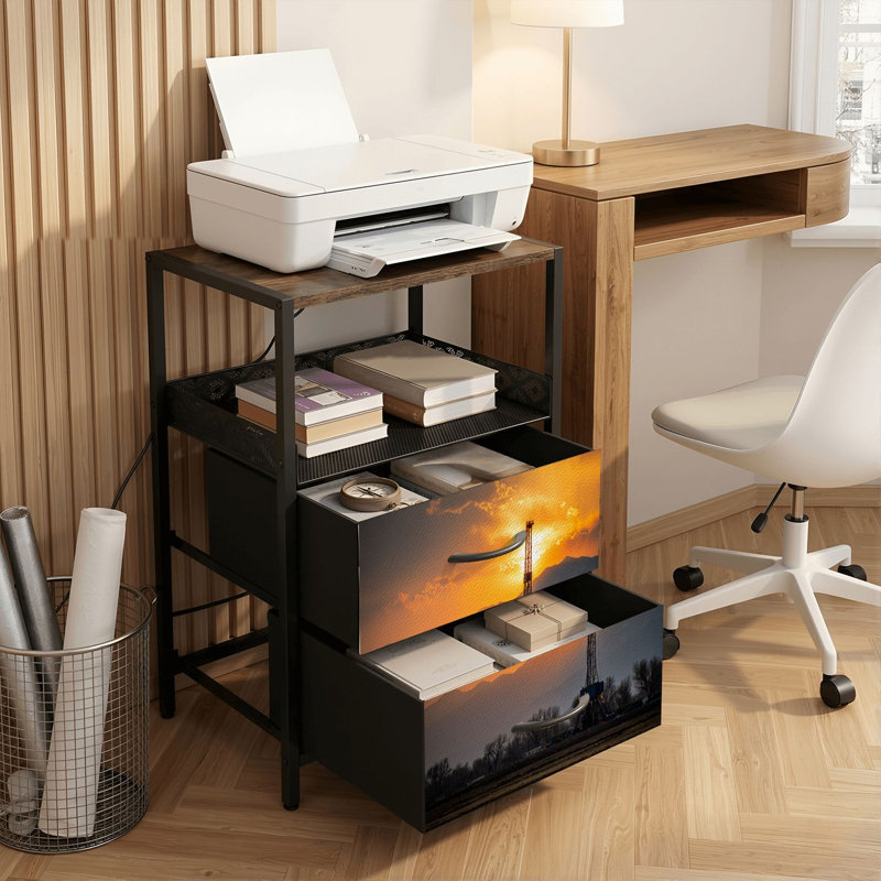 Table de chevet 2 tiroirs avec station de charge, table de chevet pour chambre avec ports USB et amp; Imprimé Outlets Outlet