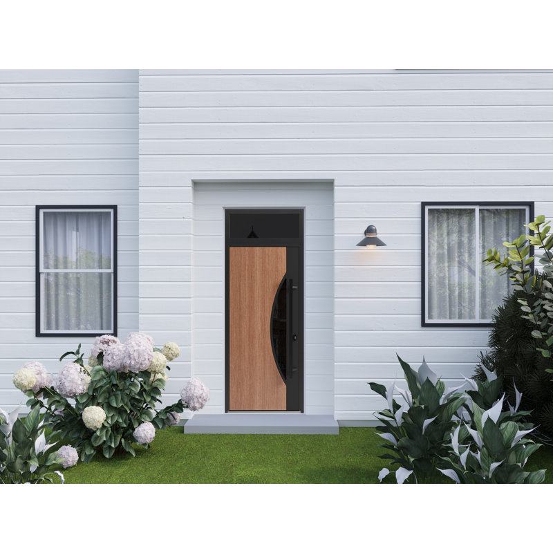 Façade avant en acier pré-suspendue / fenêtre en teck de Ronex 1077 / fenêtre extérieure supérieure avec panneau latéral / entrée en métal peint moderne l 36 po x H 80 po + 16 po à gauche