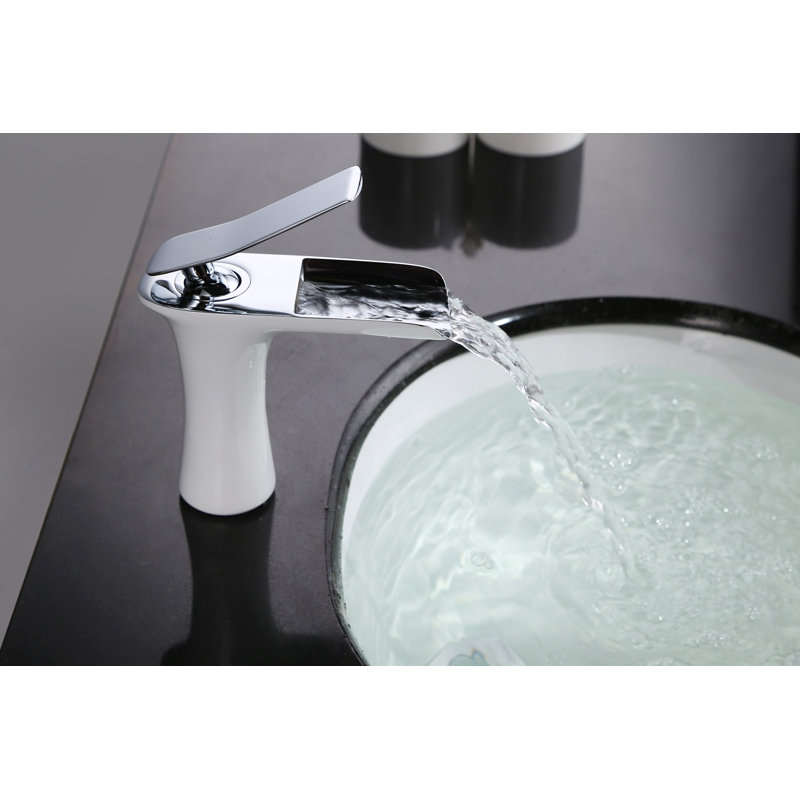 Robinet de salle de bain contemporain à cascade avec poignée simple, finition chromée et blanche Summerain
