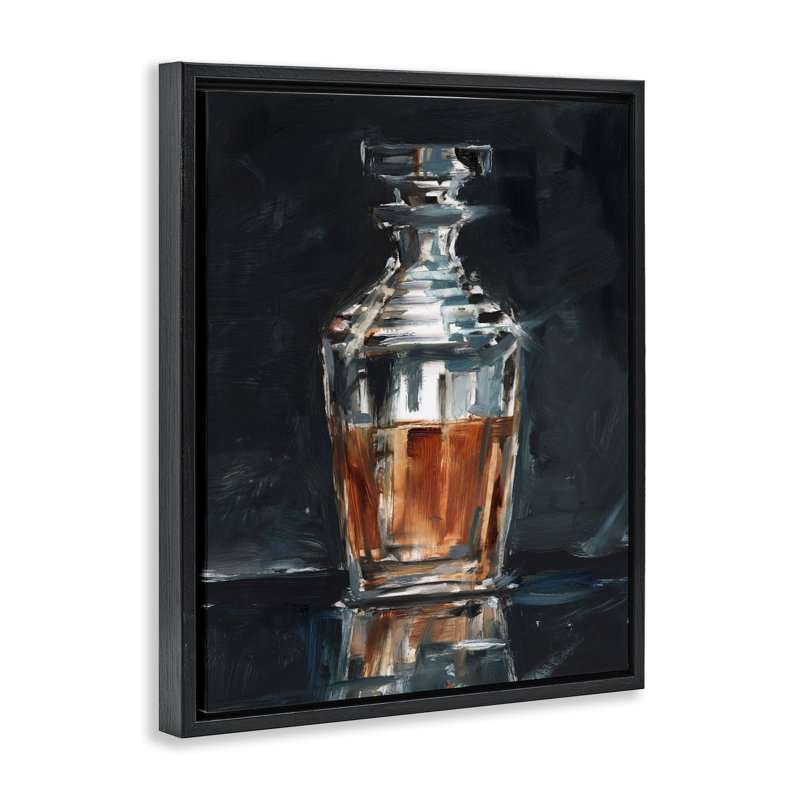 "Whiskey Decanter Still Life", art mural encadré flottant par Ethan Harper, Cadre flottant noir de jais, H 21 po x l 17 po