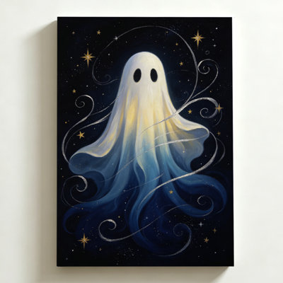 Tableau sur toile d'Halloween 40 x 60 cm. Une silhouette fantomatique flotte parmi les étoiles, entourée de volutes argentées. Impression sur toile onirique et éthérée. Décoration murale moderne pour chambre, salon et bureau.