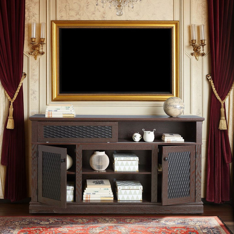 Embossed Pattern TV Stand, TV and Media Console with Open and Closed Storage Space,Entertainment Center