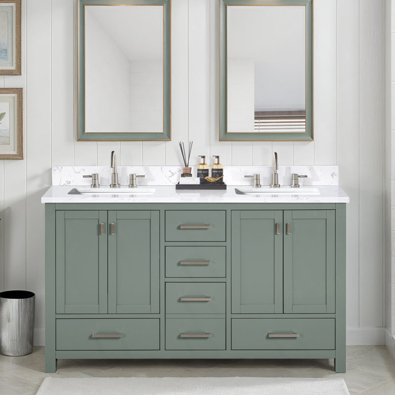 Modero 60" Double Bathroom Vanity with Top, Brushed Nickel, Smoke Green, Cala White