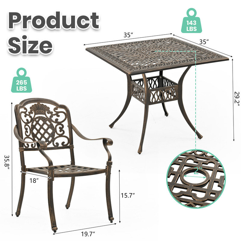 Cast Aluminum Outdoor Patio Dining Set with Brown Cushions