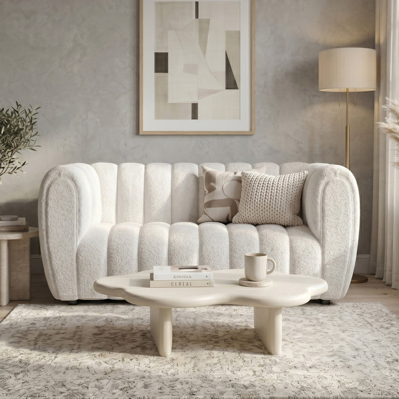 Causeuse rembourrée 63 po Celal, 100% polyester blanc cassé, H 31,5 po x L 63 po x l 34,5 po