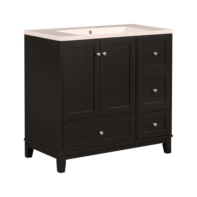 Meuble-lavabo moderne 36 po avec chargement USB, deux portes et trois tiroirs avec rangement, Noir