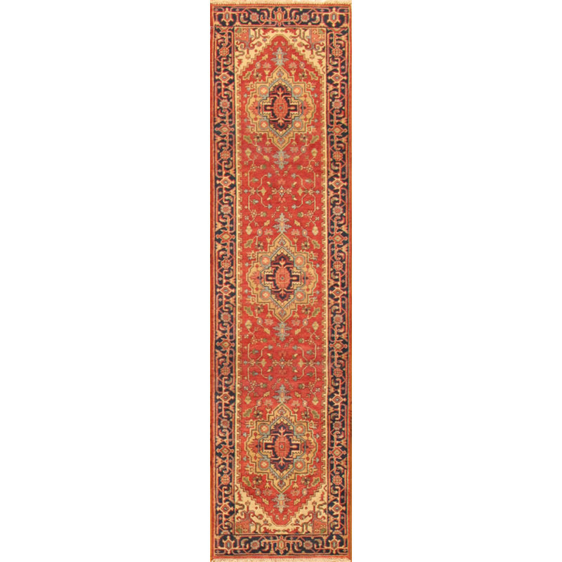 Serapi Hand-Knotted Wool Oriental Area Rug in Red/Navy/Cream, Runner 2'8" x 20', Red/Navy/Cream