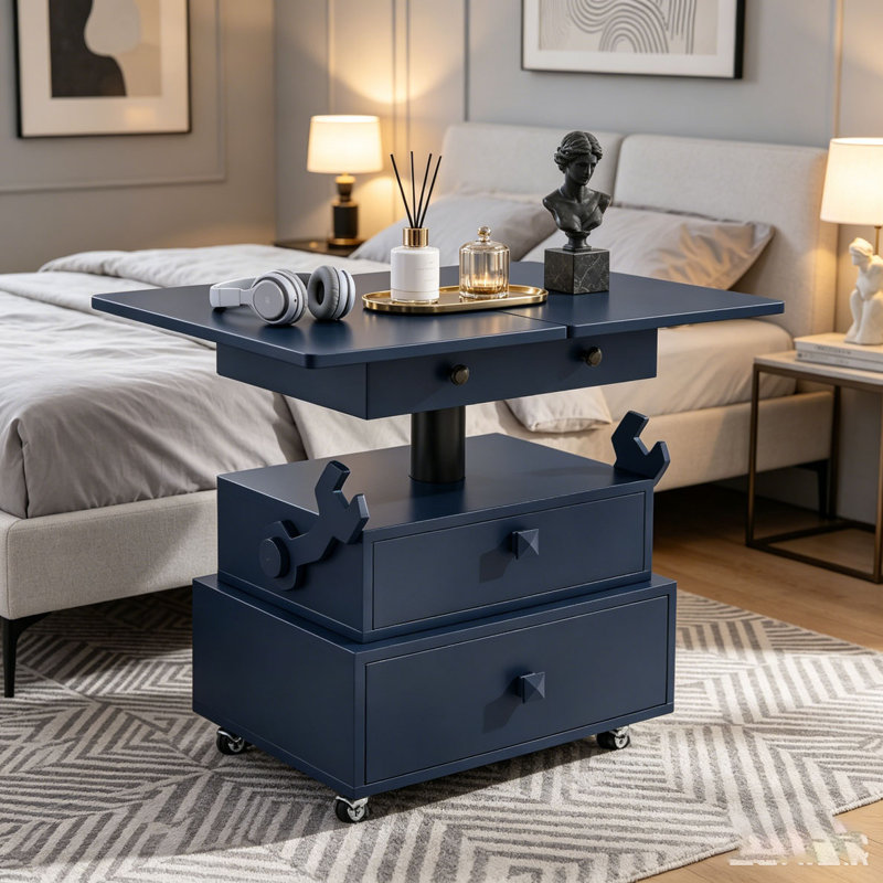 Table de bout roulante à hauteur réglable laquée ultrabrillante avec station de charge et roues universelles avec freins, table à plateau relevable multifonctionnelle avec tiroirs de rangement