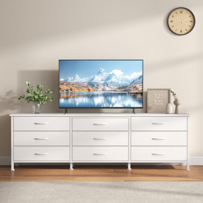 Commode 63 pouces pour chambre à coucher, placard en tissu 9 tiroirs, grand meuble télé, meuble audio-vidéo avec rangement, commode