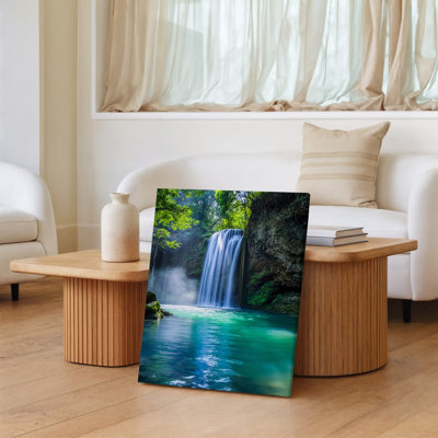 Canvas A Serene Enchanting Forest Scene Featuring A Majestic Waterfall Cascading Wall Art Down Rugged Cliffs Into A Crystal Clear Pool Canvas Wall Art
