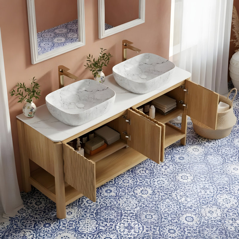 60-inch freestanding bathroom vanity with two ceramic sinks, 60"