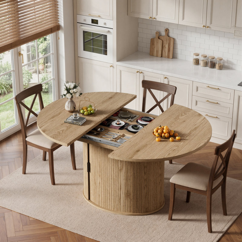 Table de salle à manger extensible ronde 43,3 "à 59,1" pour 4-8, table de salle à manger de cuisine peu encombrante avec rangement caché, table ronde à piédestal