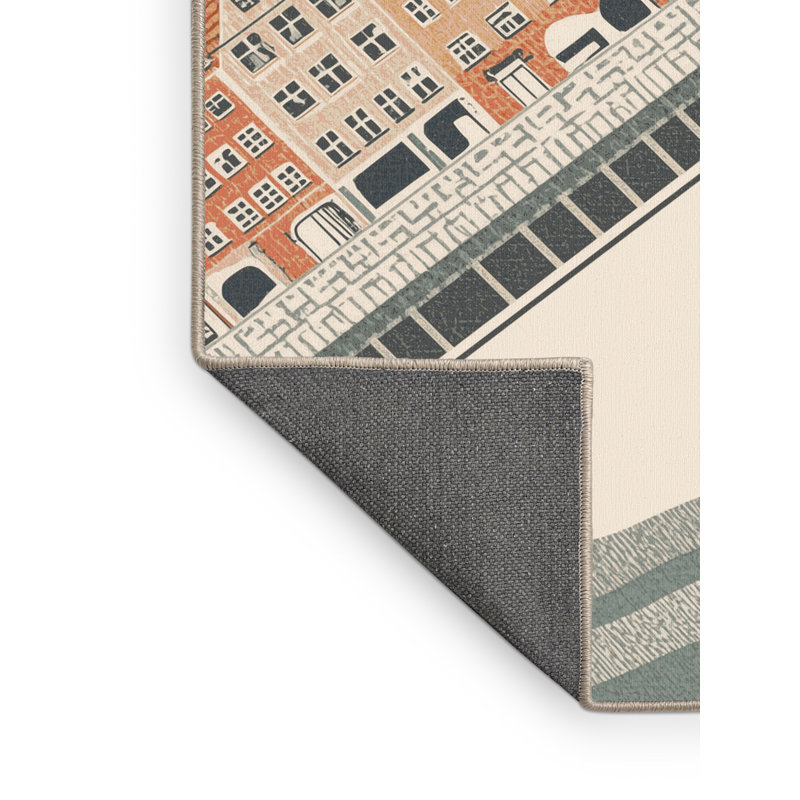 Soft Plush Beecher Copenhagen Nyhavn Harbor Scandinavian Block Print Area Rug in Beige – Beige Binding, 5x7