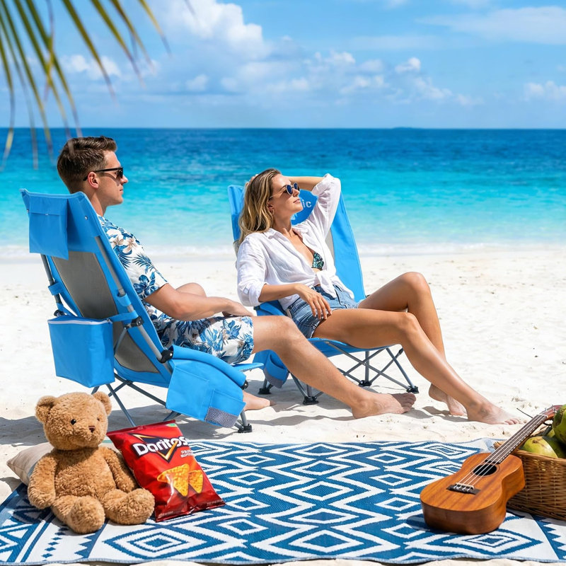 Chaise pliante à haut dossier pour camping avec sac isotherme et coussin (paquet de 2), Bleu